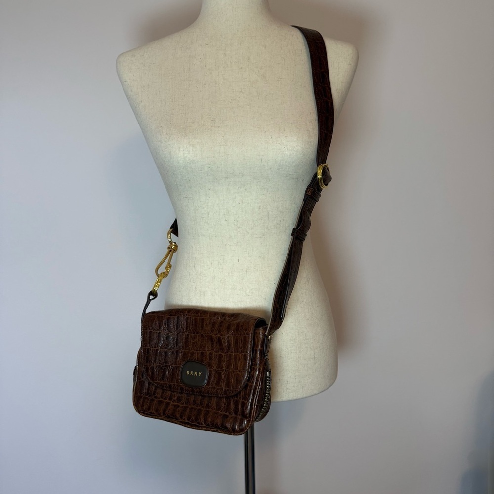 DKNY Brown Leather Crossbody Bag with Textured Pattern